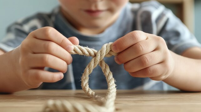 Kids practical life skills. Child tying a knot with rope, focusing on hands and the process of knot-making at a wooden table.