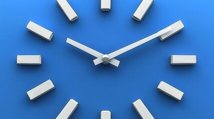 Close-Up View of Modern Clock Face with Silver Hour and Minute Hands on Blue Background