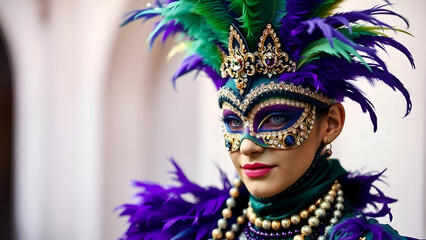 Colorful Mardi Gras Costume Portrait with Decorative Mask, Feather Details, and Negative Space for Text
