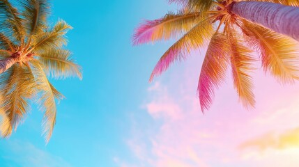 Vibrant Palm Trees Against Sunset Sky: Tropical Paradise and Summer Getaway Vibe