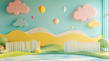 Pastel-themed cute kindergarten stage decorated with fluffy clouds and soft rainbow backdrops,...