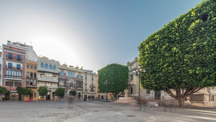 Naklejka premium Street panoramic view of Constitucion avenue with historical buildings and trams timelapse