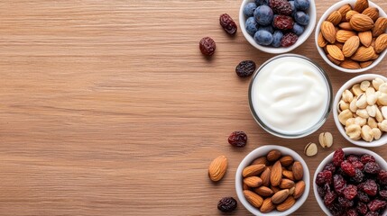 Obraz premium Healthy snack assortment with yogurt, nuts, and berries