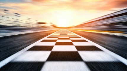 Blurred Speed on Race Track with Checkered Finish Line Under Vibrant Sunset Sky and Dramatic Clouds
