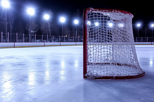 Hockey rink at night with illuminated goal and ice