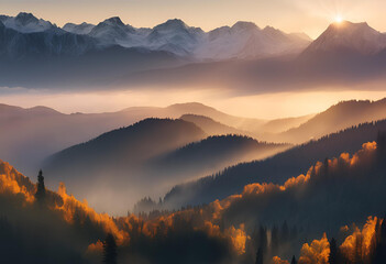 Obraz premium dramatic mountain landscape at sunrise, 4k wallpaper 