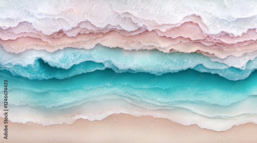 Poster gentle turquoise waves softly lap against a sandy beach, forming intricate foam patterns while captu