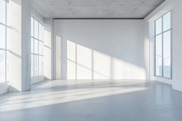 Sunlit Concrete: Empty Loft Space with Large Windows and Minimalist Design, Bright Concrete Hall with Light Streams and Modern Architecture, Room