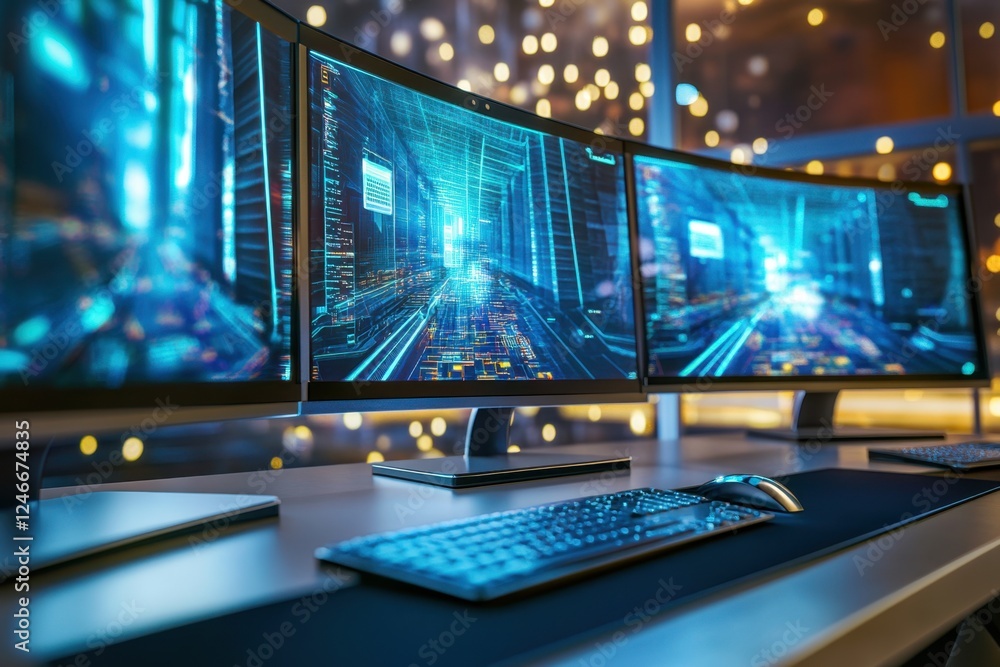 Poster high-tech workspace with multiple curved monitors displaying digital graphics at night