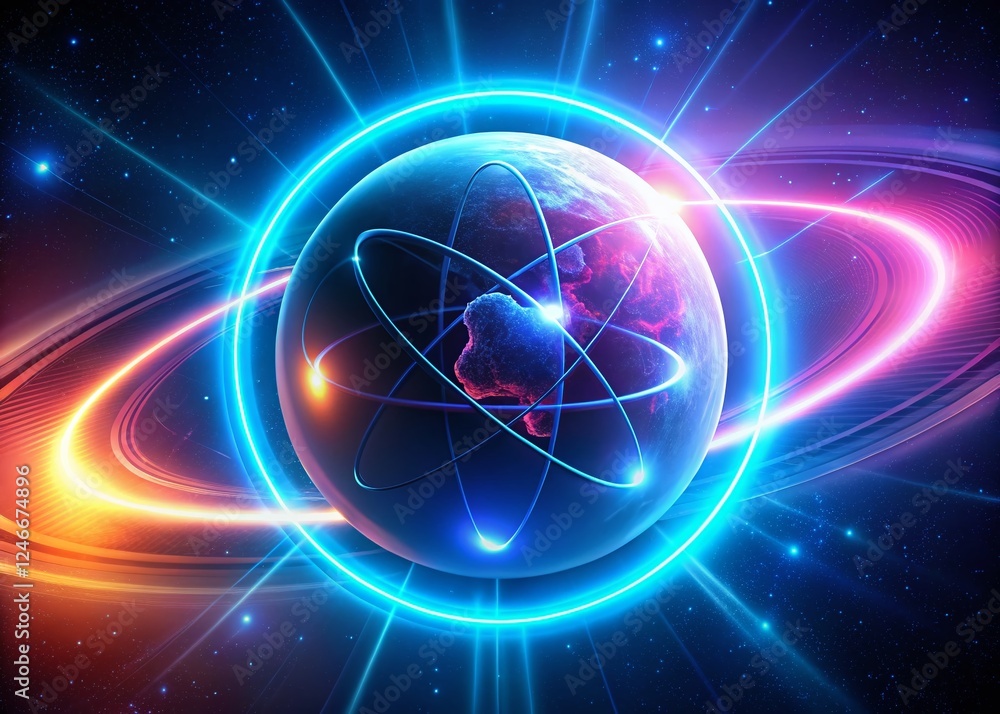 Poster circular tech neon atom: sci-fi global orbit light effect background