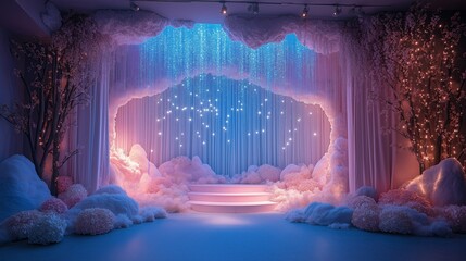 Pastel-themed cute kindergarten stage decorated with fluffy clouds and soft rainbow backdrops,...