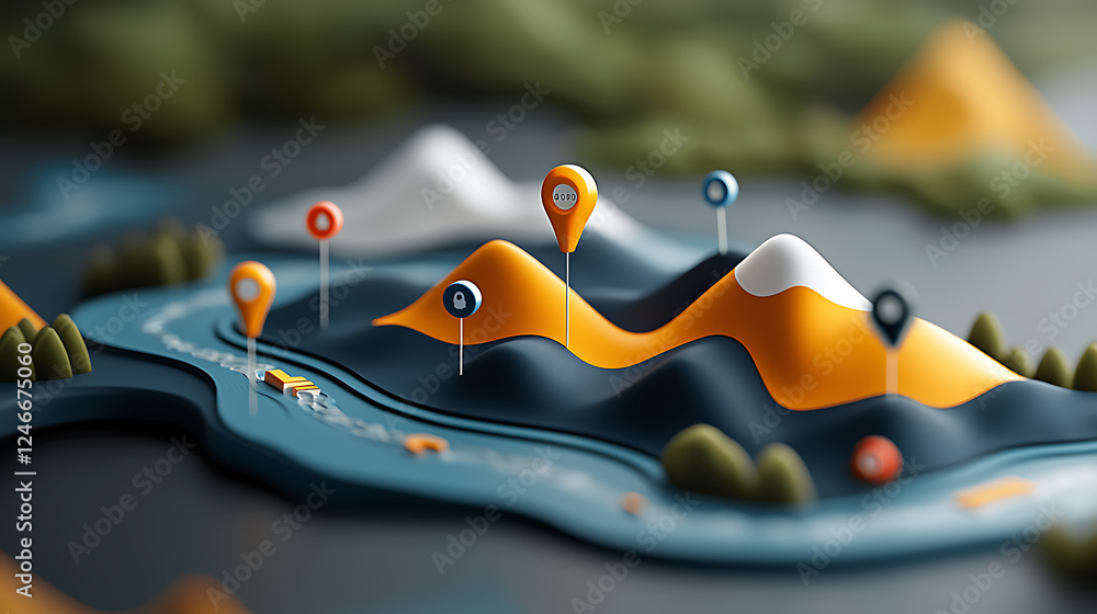 Poster exploring geographic features illustrated map digital art creative design aerial view cartographic r