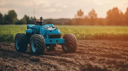 Obraz premium Blue Agricultural Vehicle in Field at Sunset with Green Landscape