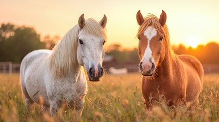 Obraz premium Two horses in sunset pasture. Rural idyllic scene. Stock photo