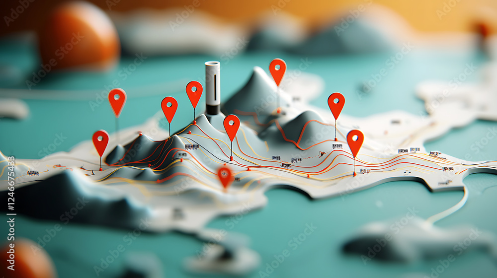 Poster interactive map design showcasing geolocation points on 3d terrain digital graphics indoor studio de