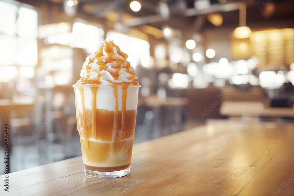 Poster Enjoy a close-up view of a caramel macchiato topped with rich whipped cream and caramel drizzle, creating a warm atmosphere in a bustling cafe setting