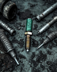 Engine components spark plugs and fasteners workshop close-up industrial