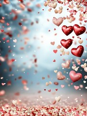 Obraz premium Colorful hearts float against a dreamy background, creating a romantic atmosphere.