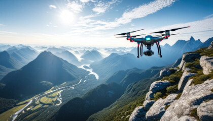 A drone hovers in the air capturing a breathtaking view of mountain ranges, winding rivers, and valleys under a bright blue sky with wispy clouds.