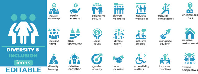 Diversity and Inclusion editable vector icons equity, inclusion, accessibility, cultural competence, and workplace diversity.eps
