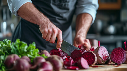 A chef skillfully slicing fresh red beets at a table in close-up.