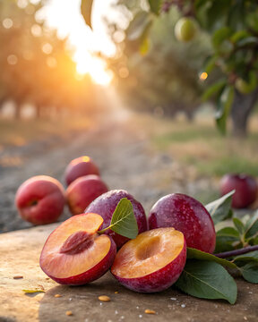 Juicy pluots and apriums in a sunlit orchard at harvest time.