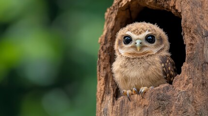Cute baby owl perched in a tree hollow with big eyes and soft feathers