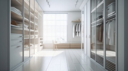 Modern Minimalist Walk-in Closet with White Island and Geometric Design
