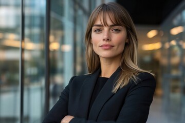 A confident businesswoman stands poised in a modern office space, reflecting professionalism, ambition, and leadership in the corporate world of today.