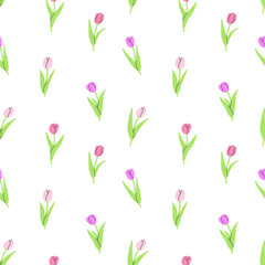 Obraz premium Seamless pattern with pink tulips on a white background. Vector illustration background. Flat illustration.