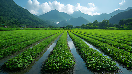 Lush green mountain valley farmland irrigation