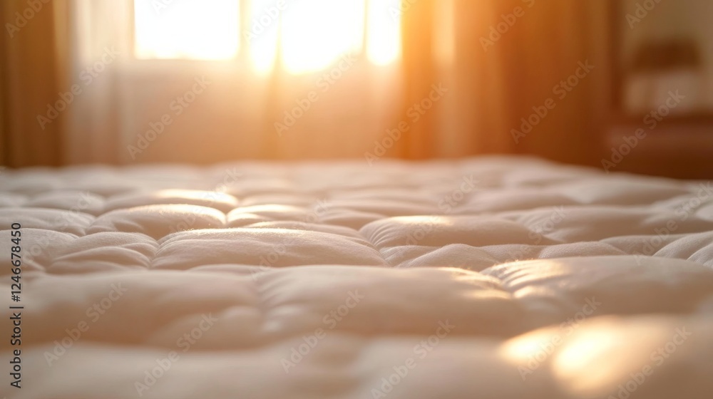 Poster sunlight gently illuminates the smooth surface of a white mattress protector stretched over a bed, s