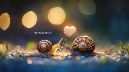 Romantic snails with tiny heart symbol at sunset - slow but steady love concept for greeting card design
