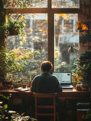 Creative woman working on laptop in cozy workspace with natural light