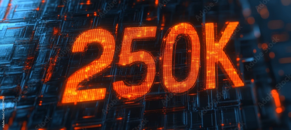 Aufkleber glowing digital 3d number 250k on an abstract technological background in a futuristic style