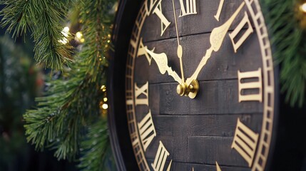 Elegant Black Wall Clock Surrounded by Lush Greenery and Soft Glowing Lights in Cozy Home Decor Setting