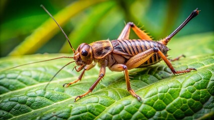 Fototapeta premium Close-up of House Cricket Nymph on Leaf – Pest Control & Nature Conservation
