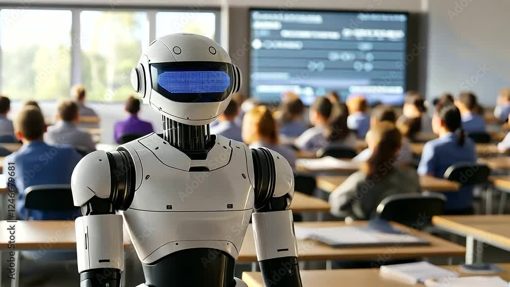 Poster a high-tech ai-driven school where a robot stands at the center of the classroom, analyzing student 