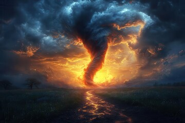 Fototapeta premium powerful tornado twisting through an open field showcasing natures ferocity with dramatic winds and dark storm clouds evoking awe and respect for the forces of nature