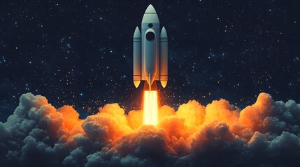 Obraz premium Business startup concept illustration, modern vector art with a rocket launching and teamwork