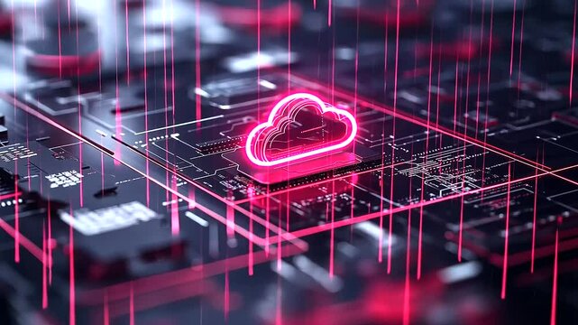 A high-tech D cloud computing diagram with interconnected virtual machines, AI-driven resource allocation, and pay-per-use billing graphs visualized in a sleek interface.