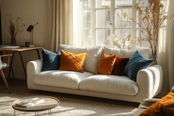 Cozy Modern Scandinavian Living Room with Home Office Workspace and Natural Light