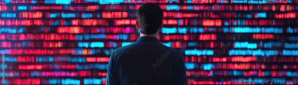 Poster a person in a suit stands before a vibrant digital display, illuminated with colorful data streams, 