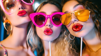 Group of friends enjoying party with oversized props and sunglasses for fun night out