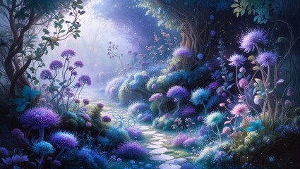 Fototapeta premium Magical Forest Scene with Stone Path and Blue Purple Flowers Whimsical Fantasy Art