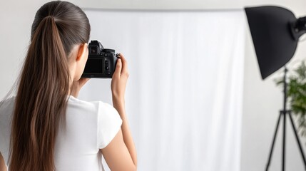 Woman photographing in a studio with a white backdrop and soft lighting, capturing moments creatively