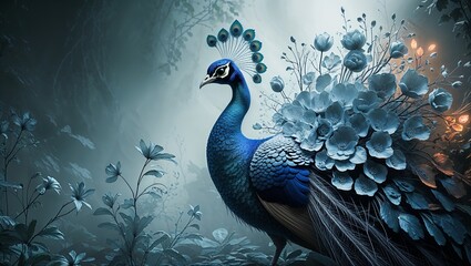 Elegant peacock with blue plumage and white flowers in a moody enchanted forest