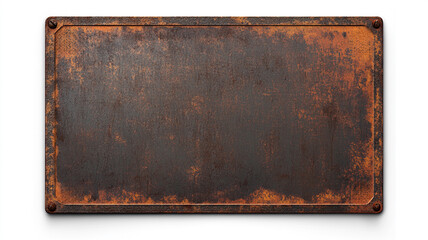 Square rusty blank metal sign isolated on white background.