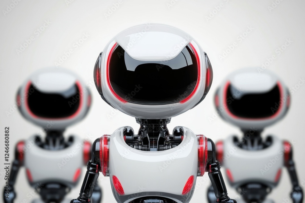 Poster robots in futuristic design stand in a modern setting displaying advanced technology