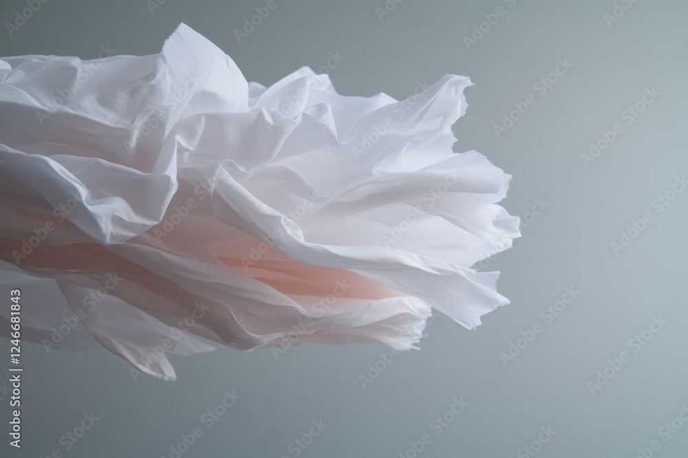 Poster soft white fabric billows in mid-air, illuminated by gentle light, casting graceful shadows and emph